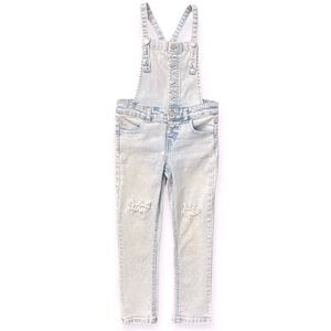 Cat & Jack Girl’s Light Wash Distressed Button Front Bib Denim Overalls XS 4/5